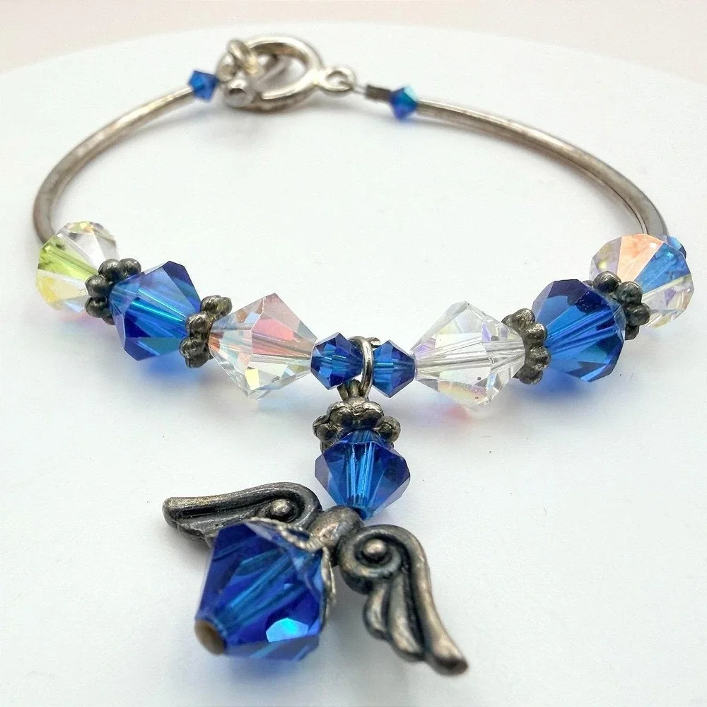 VTG‎ Silver Tone Bangle Bracelet Blue Aurora Borealis Crystal Angel Charm Boho